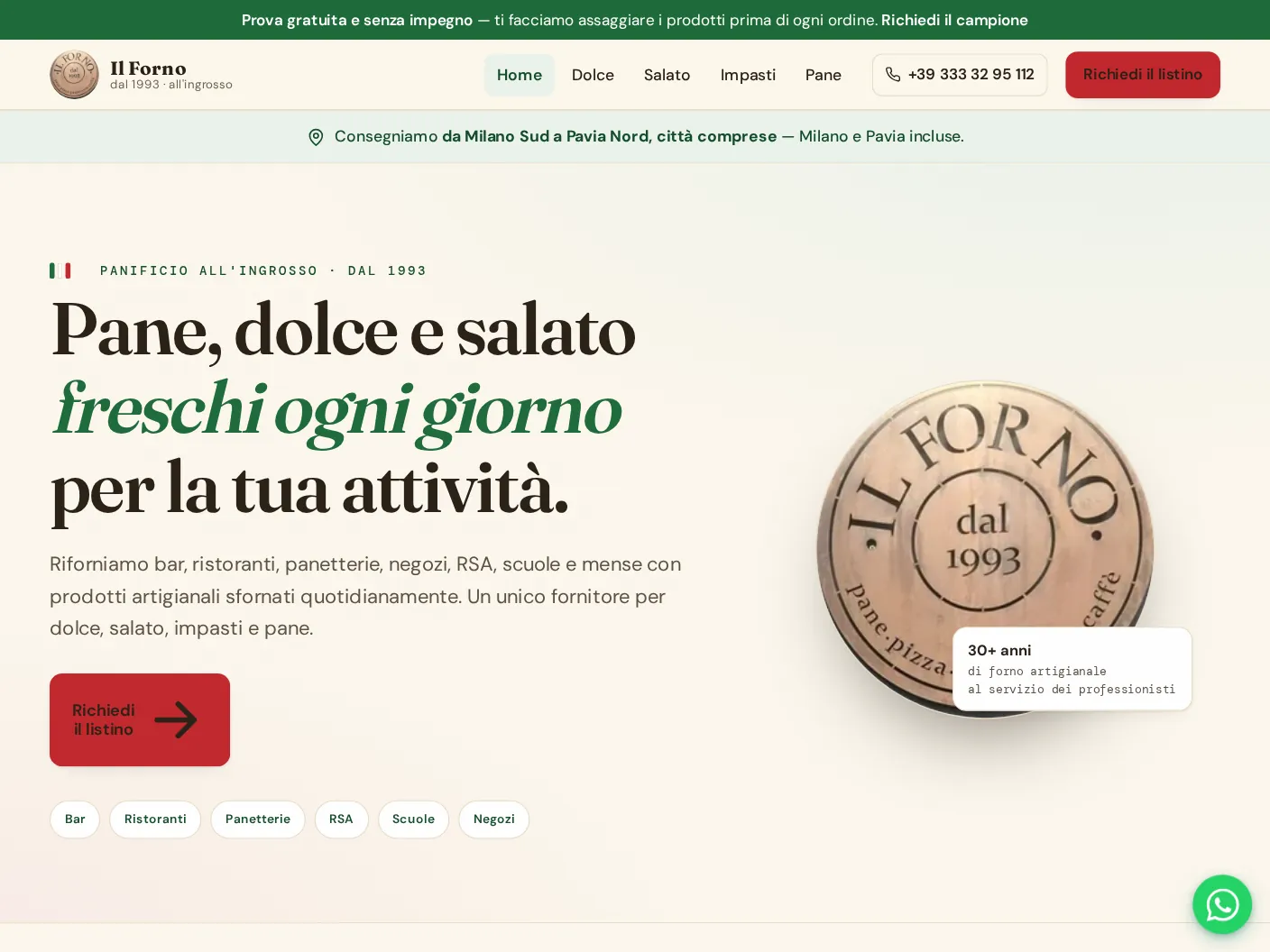 Home page del sito Il Forno dal 1993, panificio all'ingrosso